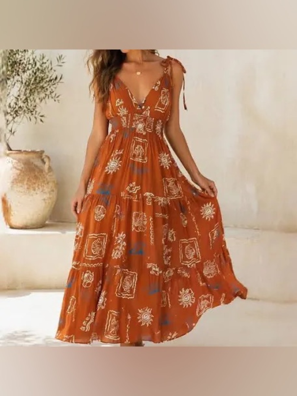 Patrons of Peace Rust Floral Tie-Shoulder Maxi Dress
